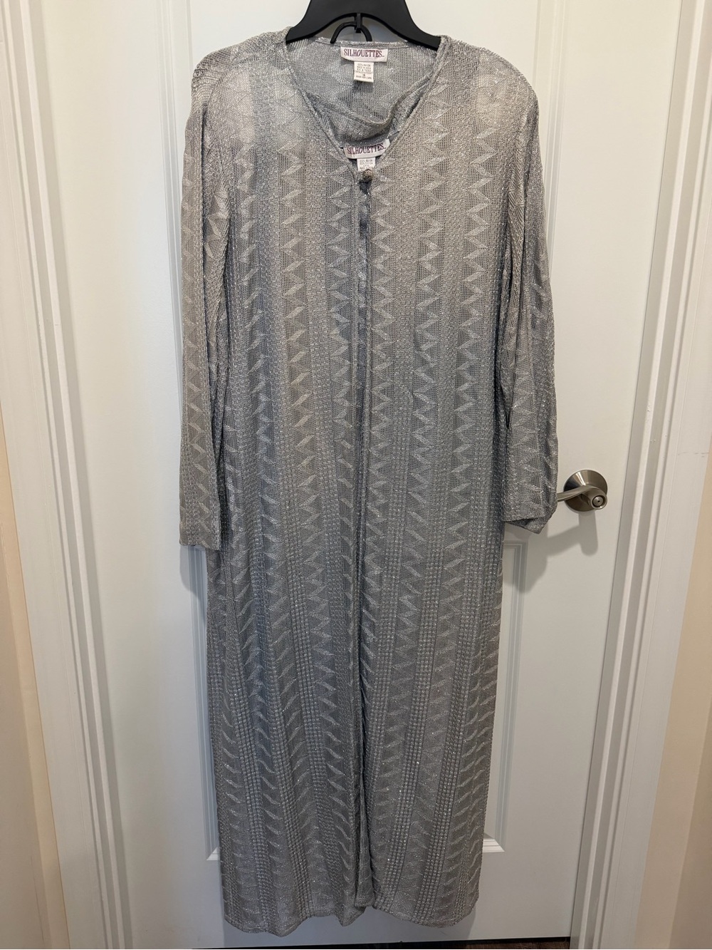 Silhouettes Silver Open-Front Knit Layering Cardigan Over blouse and skirt